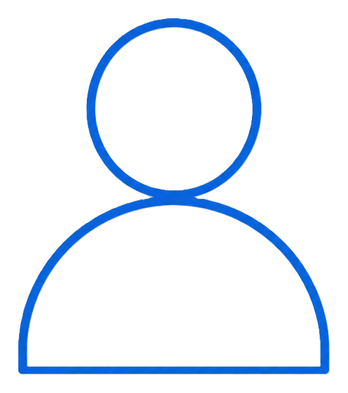 Blue outline icon of a user profile with a circle for a head and half-circle body on black background.