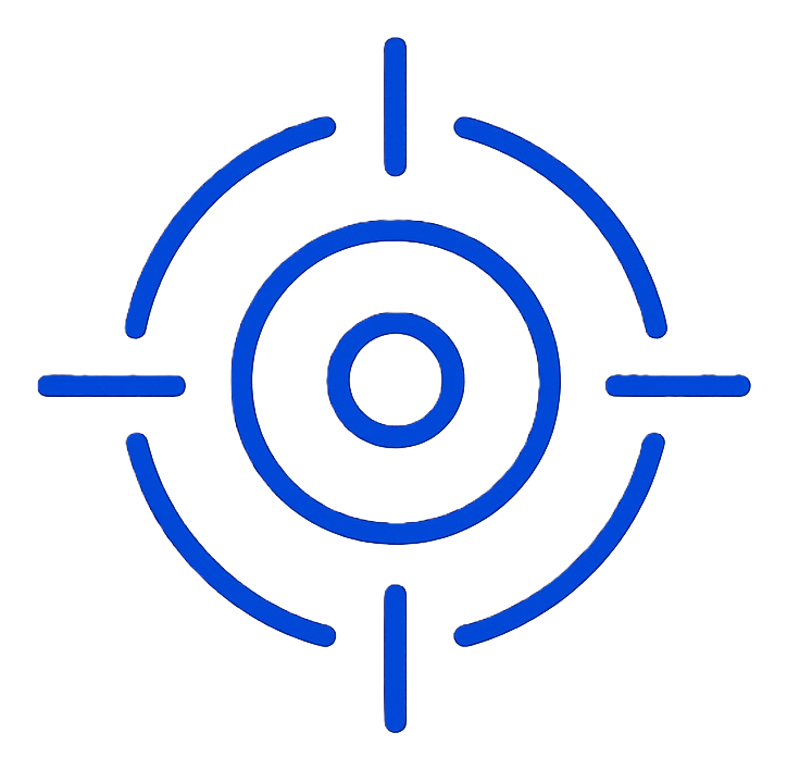Blue target symbol with concentric circles and four crosshair lines on a black background.