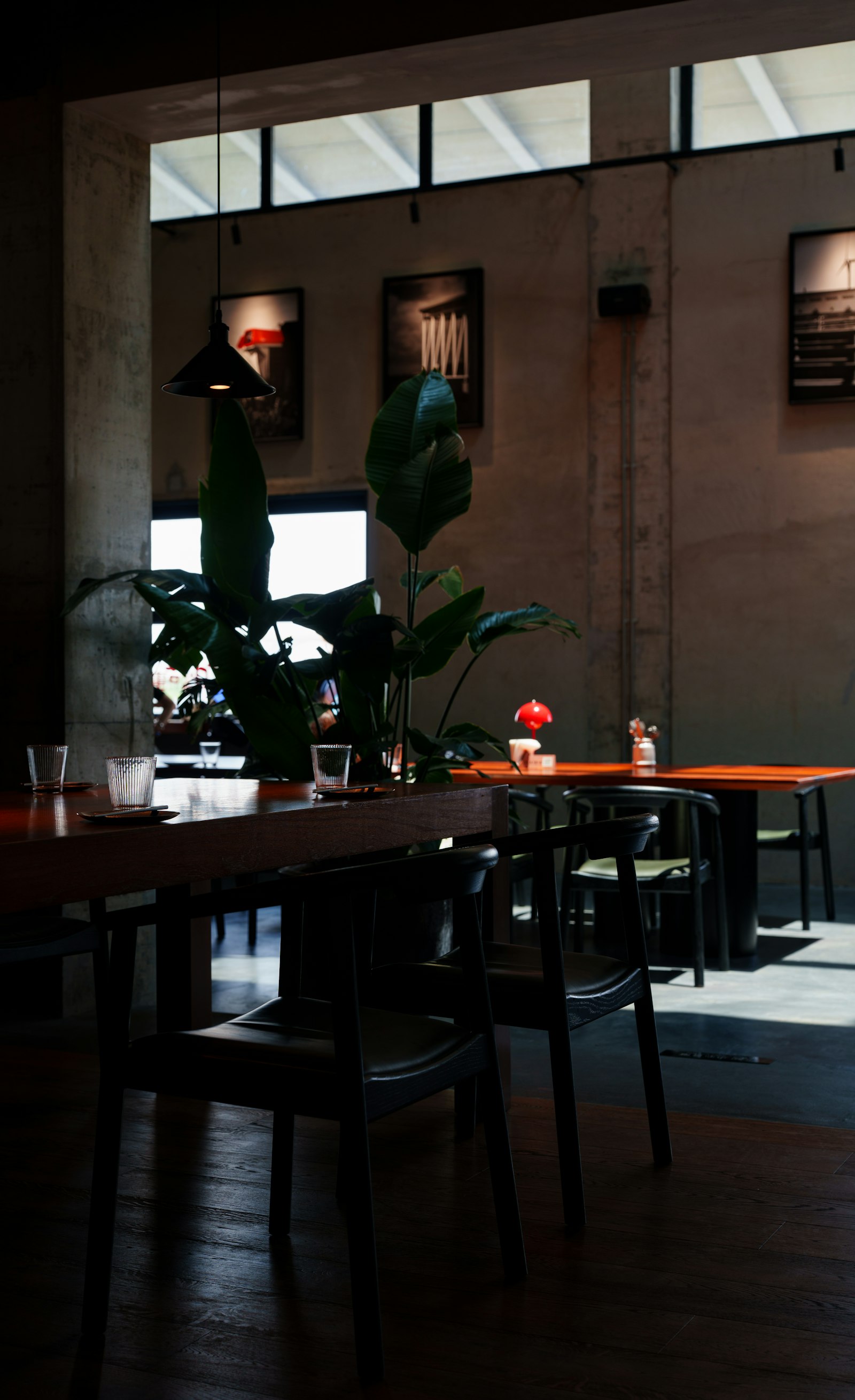Modern dimly lit restaurant dining room interior