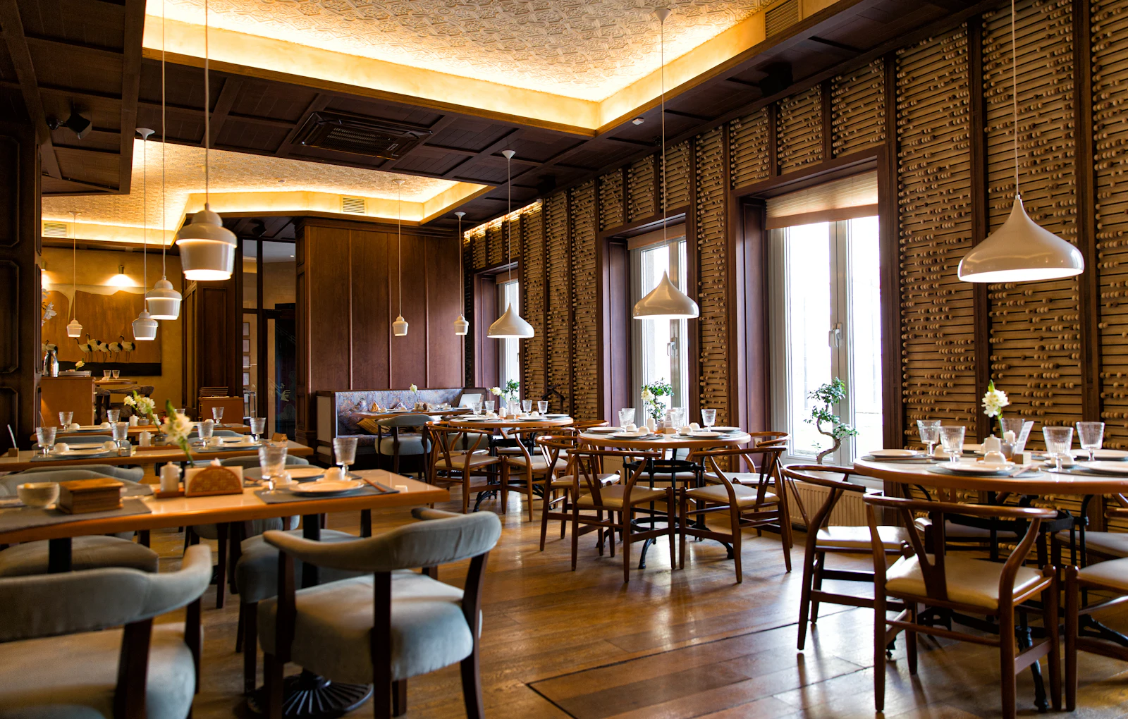Restaurant dining room with tables and chairs