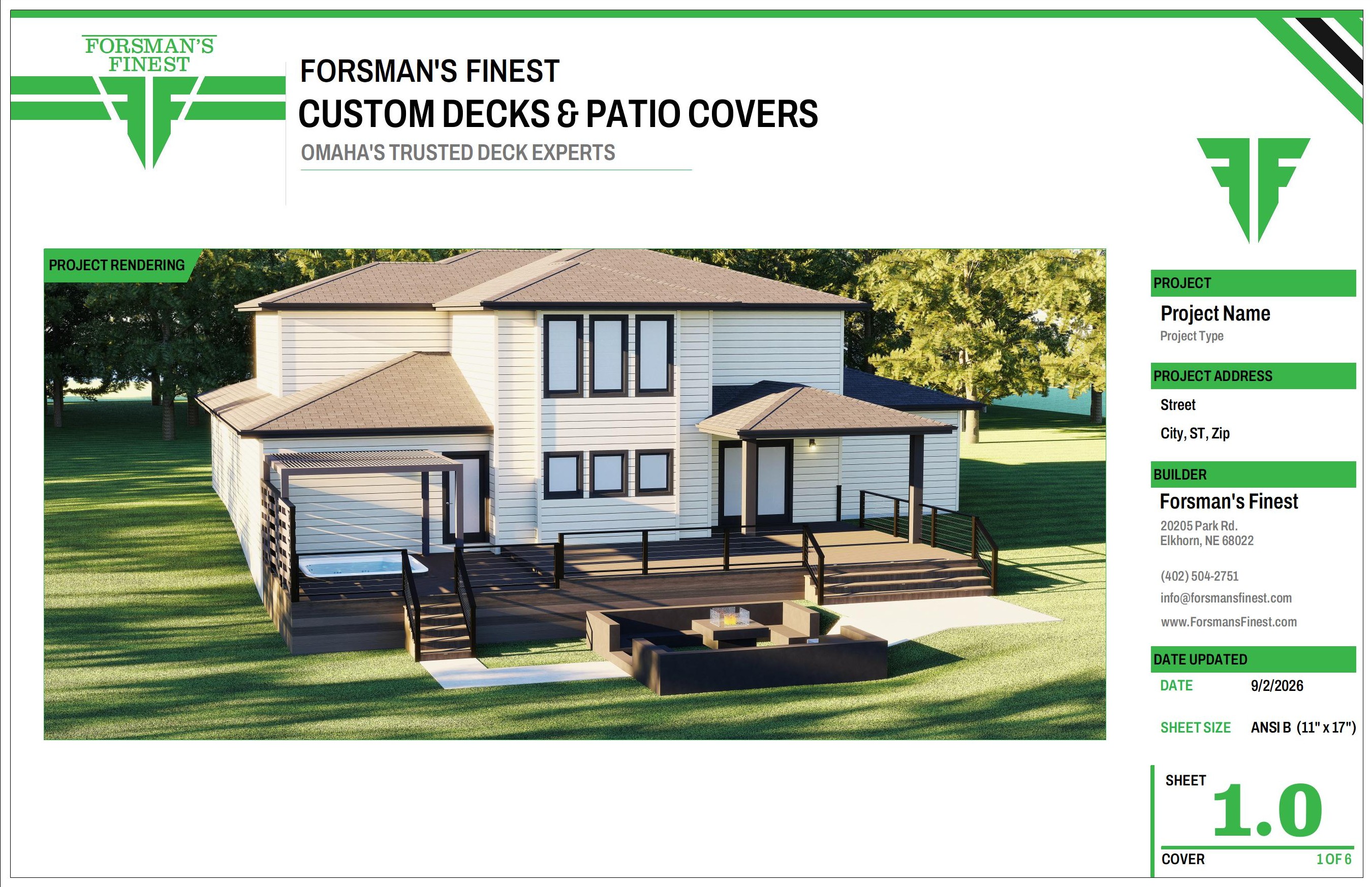 White-label cover sheet — Forsman's Finest custom deck plan set by J. Royce Drafting + Design