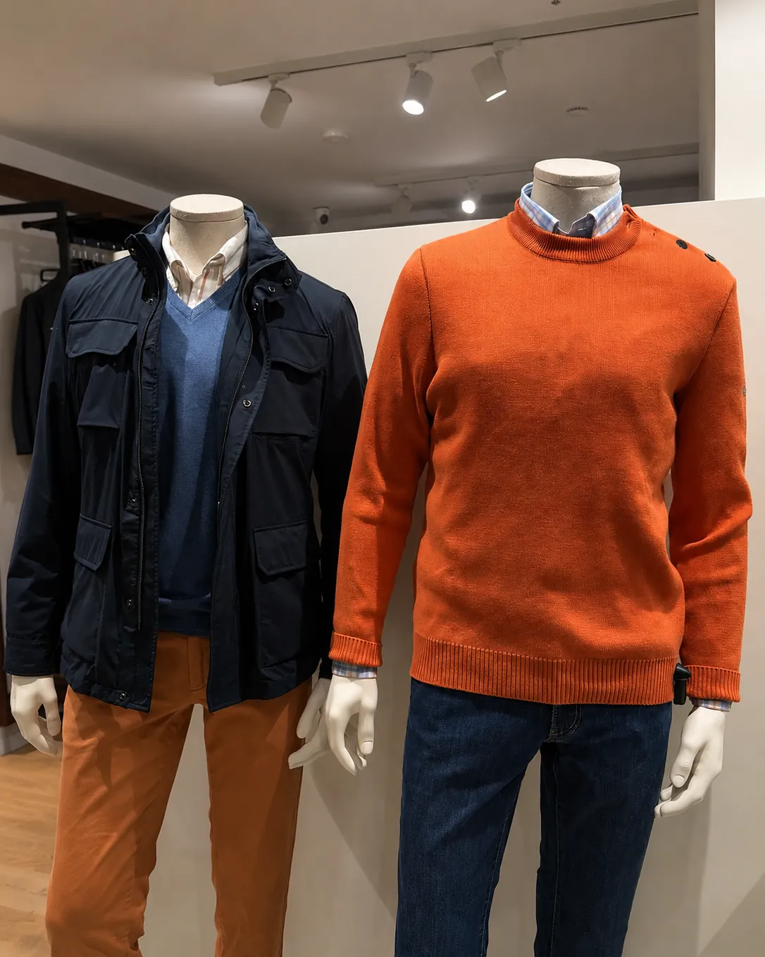 Costume marine et cravate à motifs sur mannequin, boutique homme