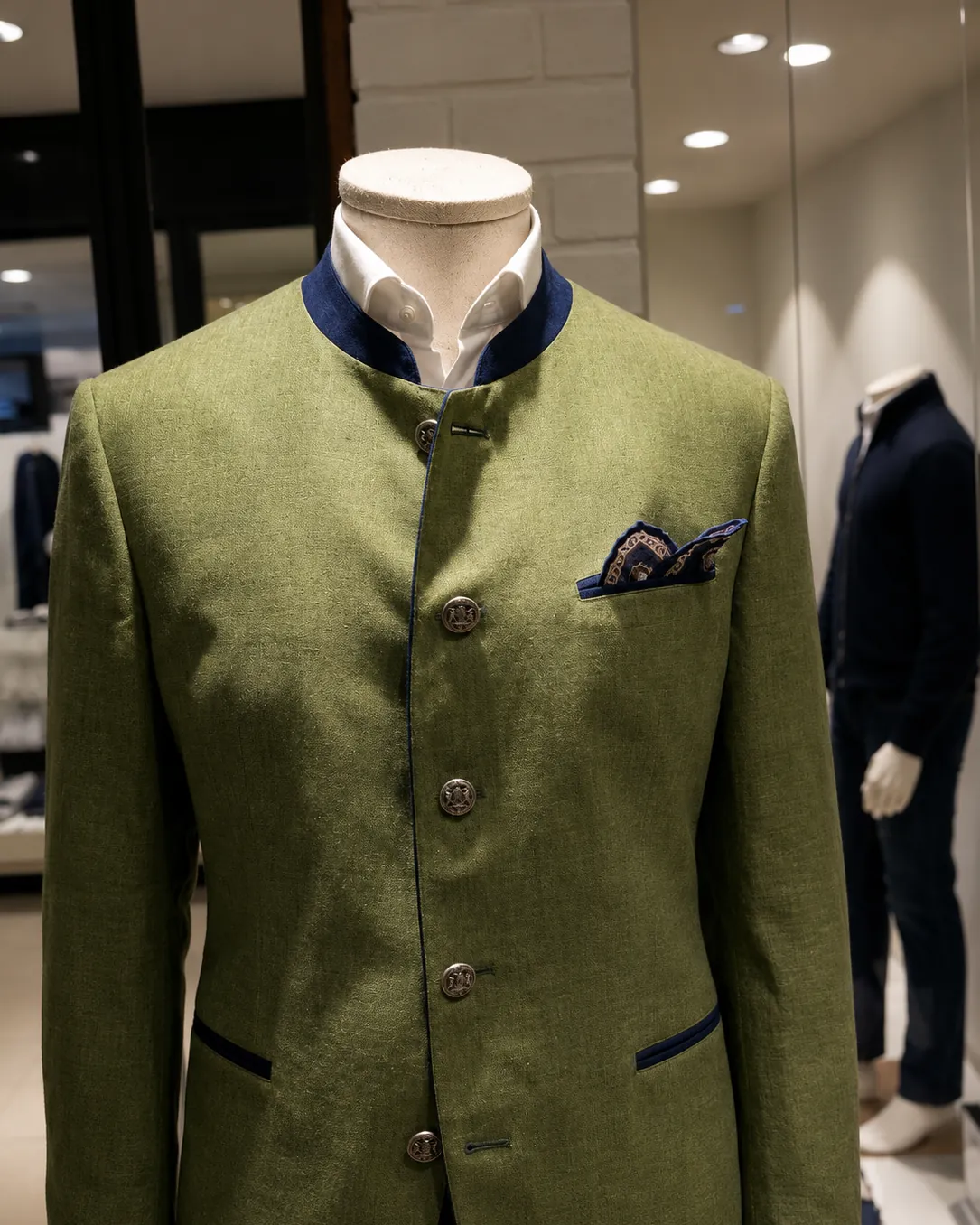 Veste col officier en loden vert et pochette, sur mannequin
