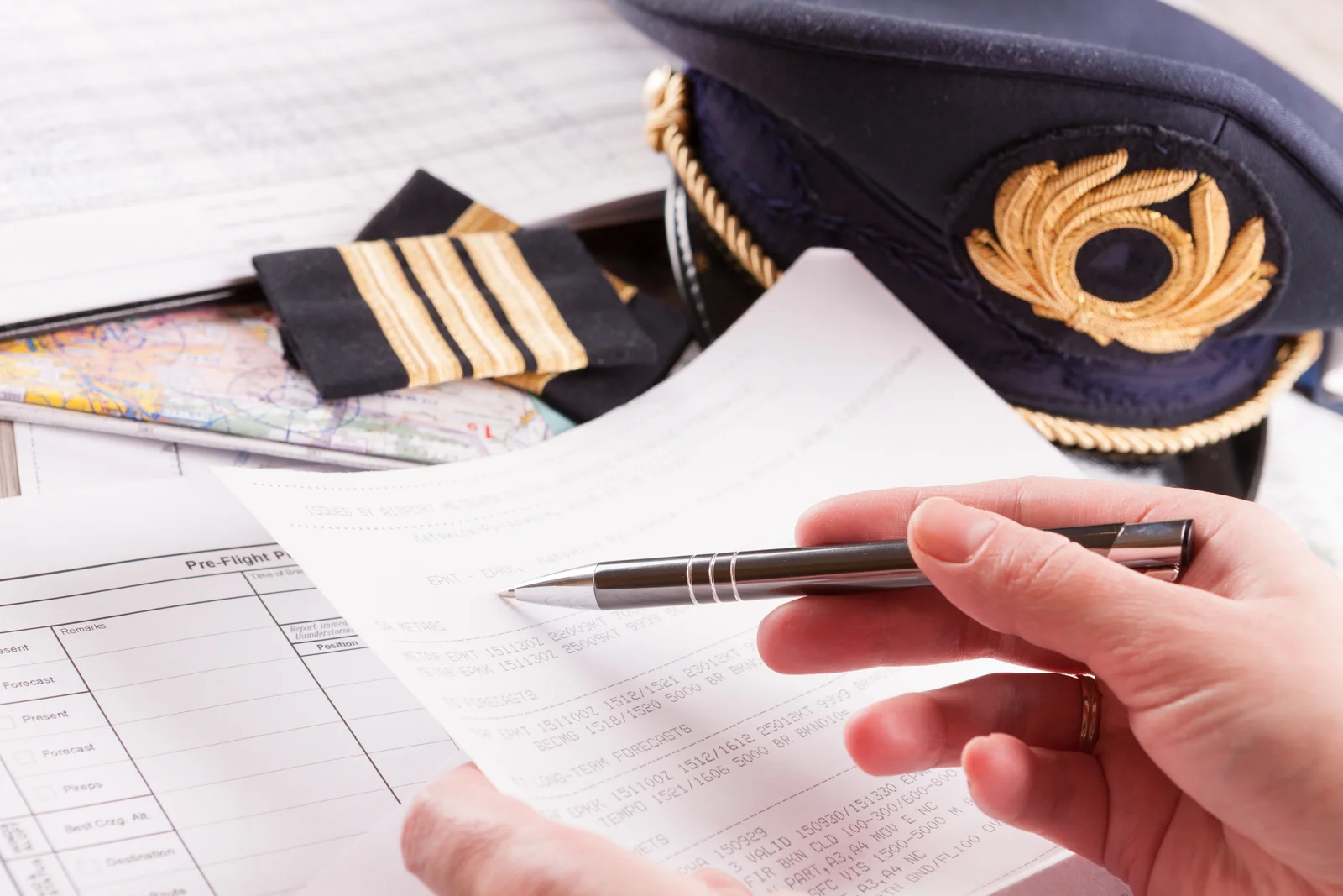 A pilot's cap, epaulettes, and printed flight plan documents laid out for preflight review