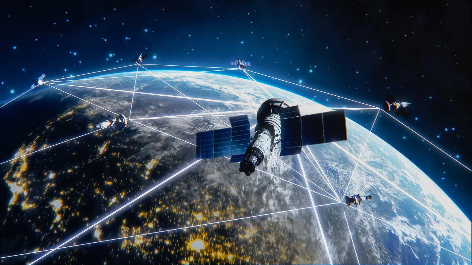 Illustration of a satellite constellation forming an oceanic surveillance network above Earth