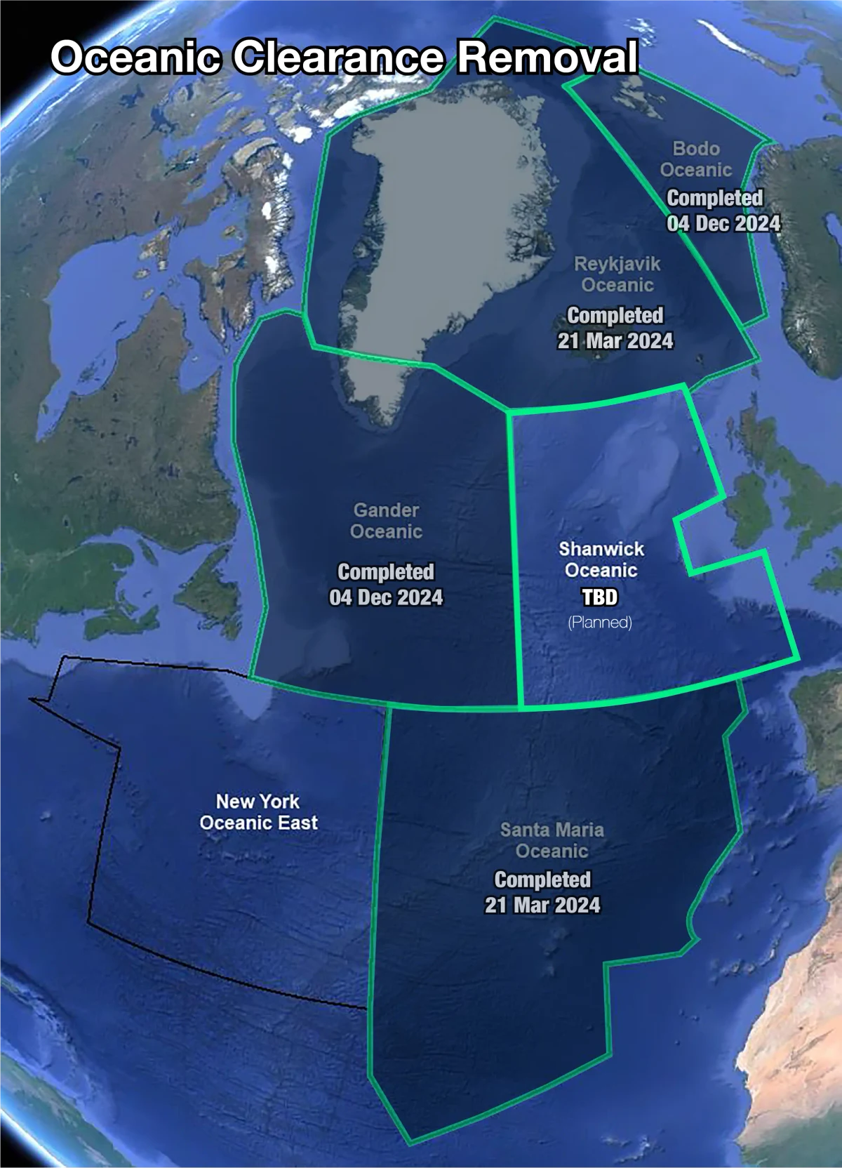Map of the North Atlantic oceanic control areas showing Oceanic Clearance Removal completion status by FIR