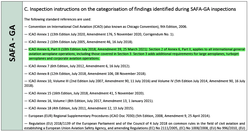 EASA SAFA-GA inspection standard references drawn from ICAO Annexes and EU regulations