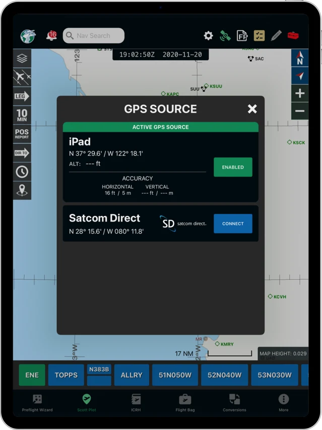 Scott Plot GPS Source screen showing the iPad and Satcom Direct as selectable aircraft position sources