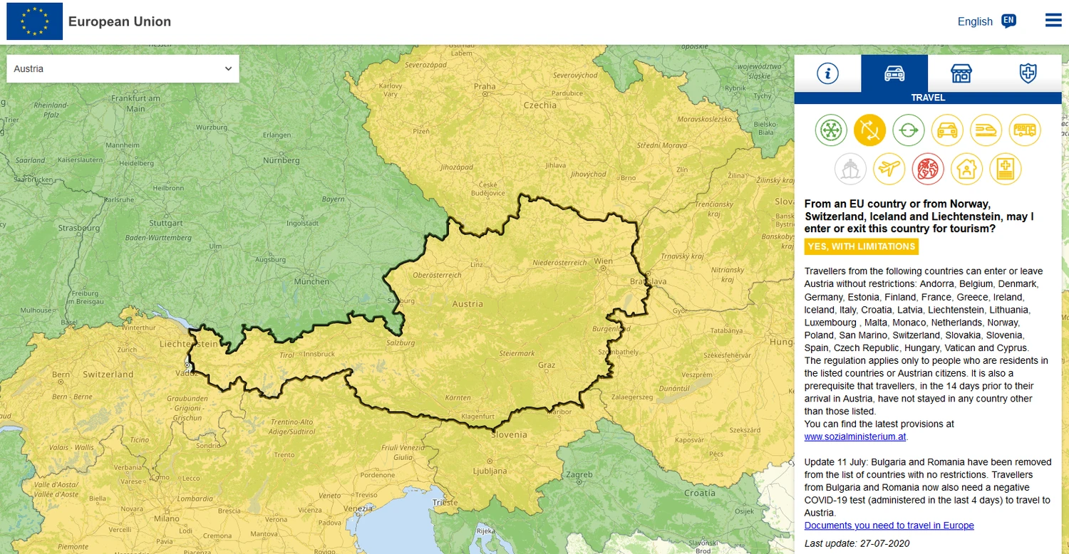 Screenshot of the EU Re-open EU travel tool showing entry and exit restrictions for Austria