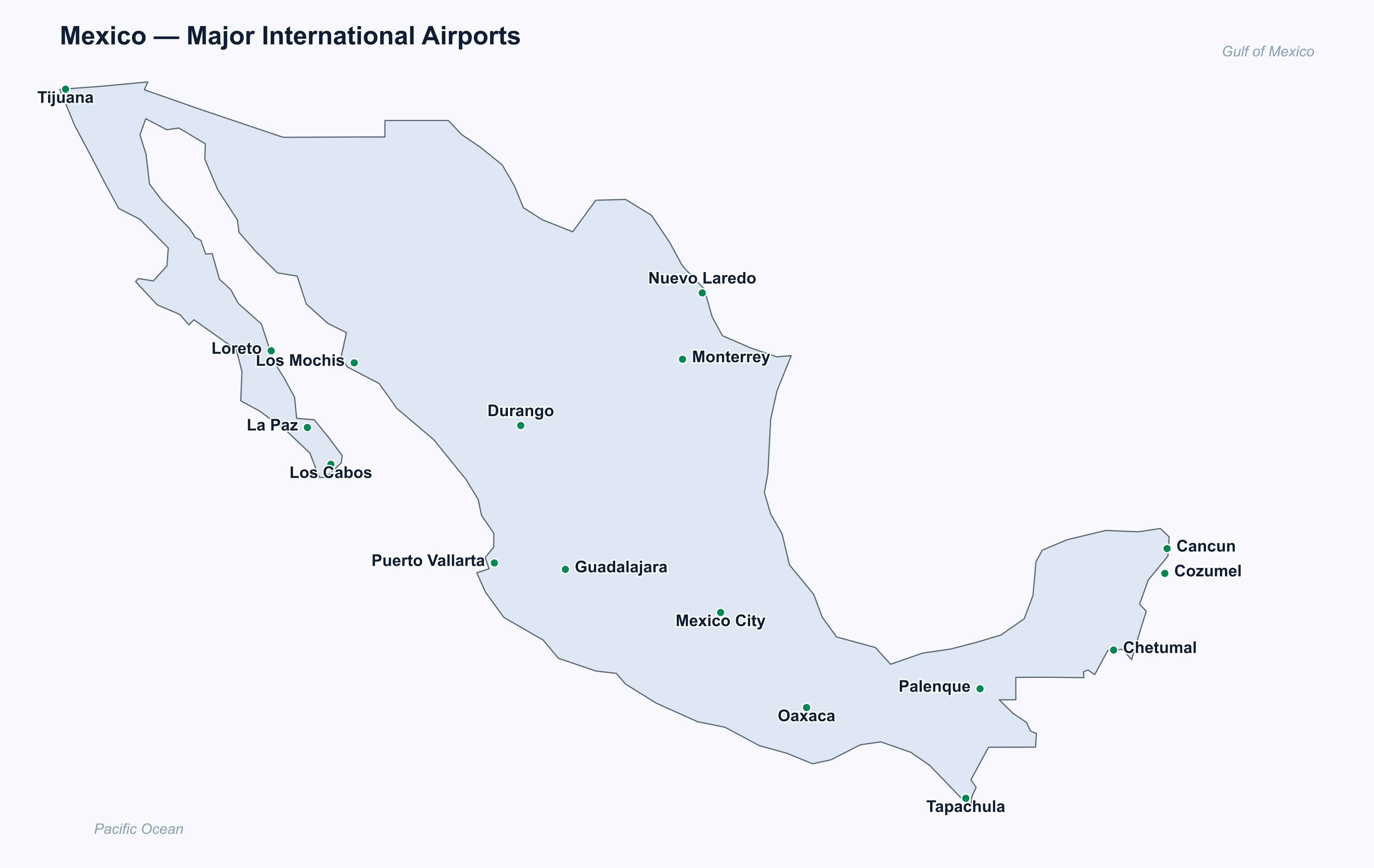 Map of Mexico showing the locations of its major international airports