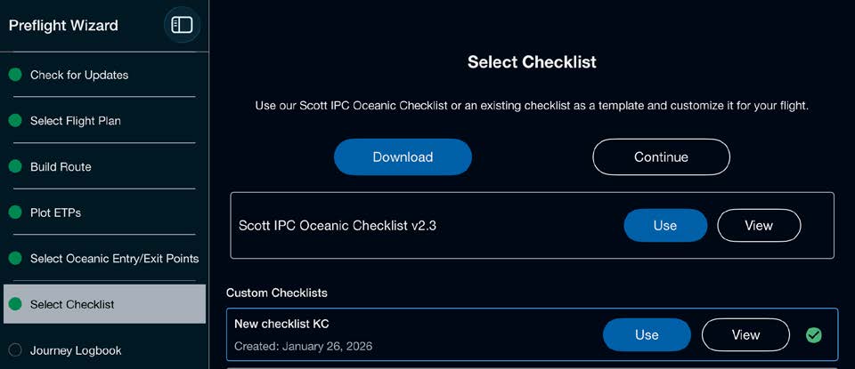 Preflight Wizard Select Checklist step showing a newly created custom checklist ready to use