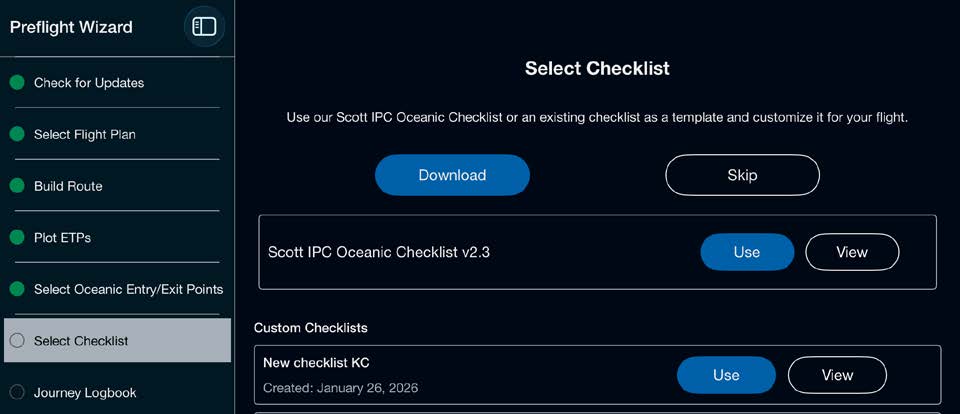Select Checklist step in the Preflight Wizard showing the Scott IPC Oceanic Checklist and custom checklists