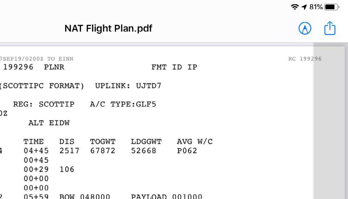 Flight plan PDF open in the viewer with the iOS Share icon