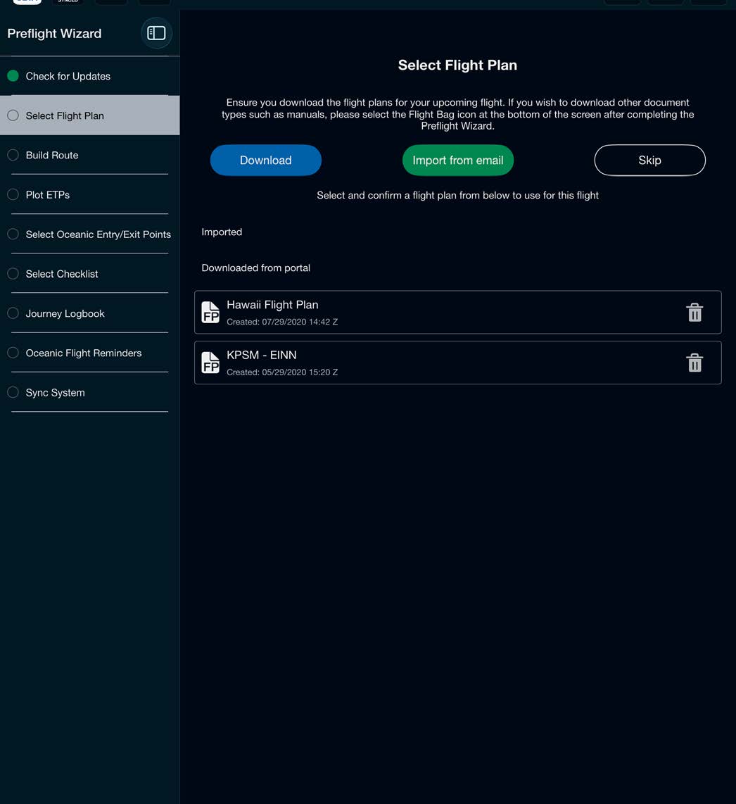 Select Flight Plan step in the Preflight Wizard with Download, Import from email, and portal flight plans