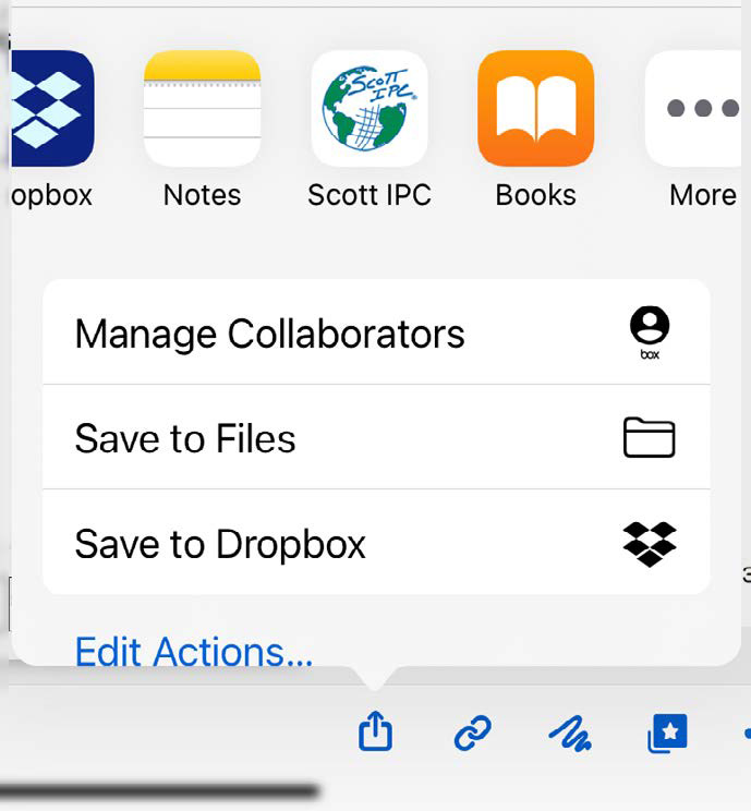 Share sheet showing the Scott IPC app as an import destination from a cloud storage app
