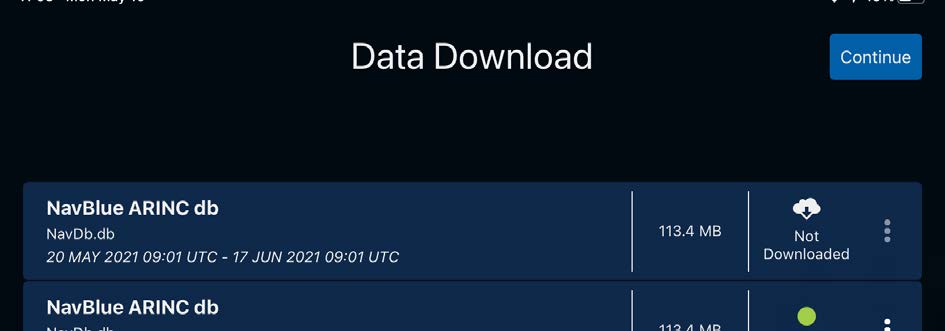 Data Download screen showing the next ARINC cycle available for download with cycle dates