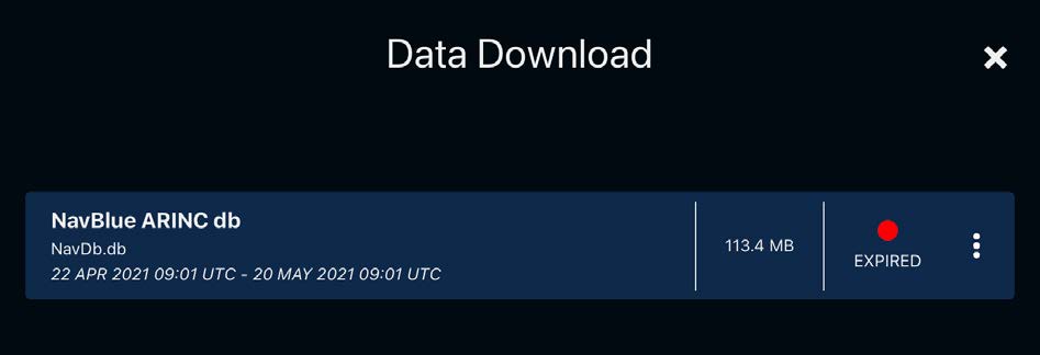 Data Download screen showing an expired ARINC database with red status