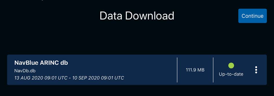 Data Download screen showing an up-to-date ARINC database with green status