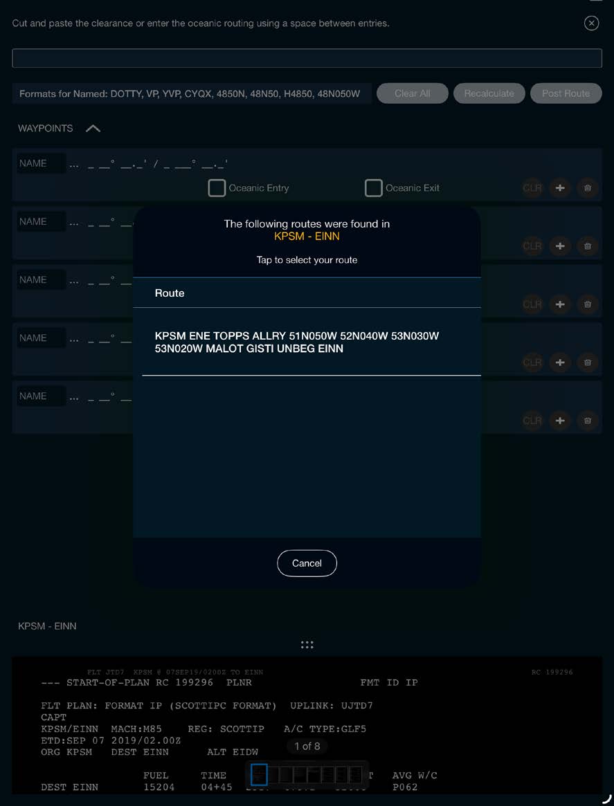 Parsed-route selection popup listing the route found for KPSM to EINN