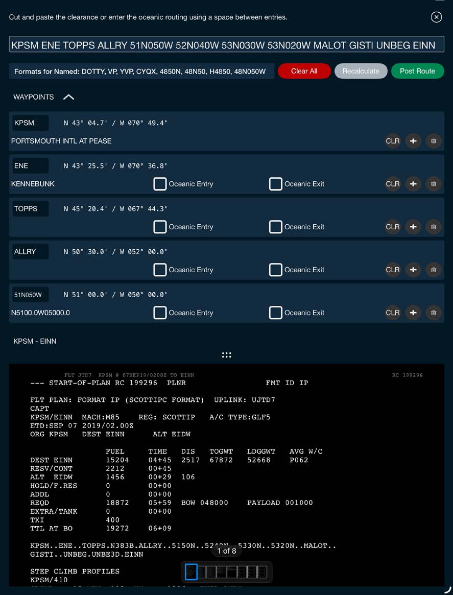 Clearance box and waypoint list populated with the parsed route