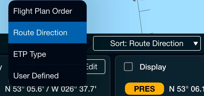 ETP sort dropdown with Flight Plan Order, Route Direction, and ETP Type options