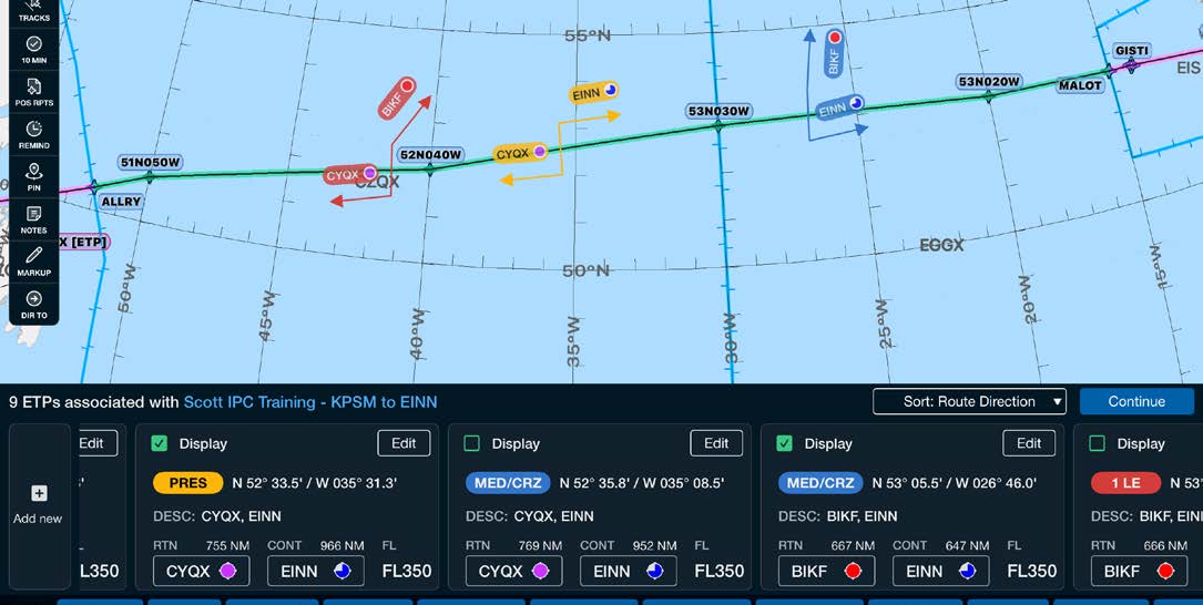 Plotting chart showing color-coded ETPs along the oceanic route