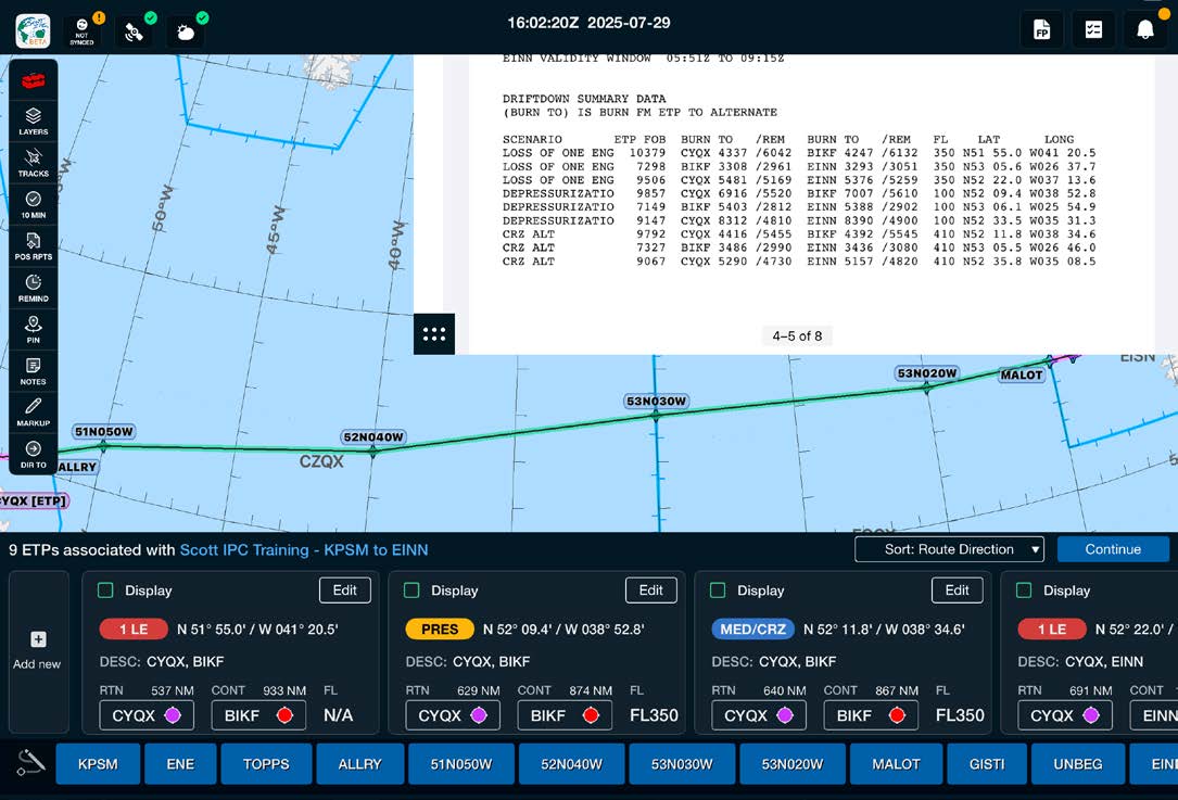 Automatically plotted ETPs with the flight plan shown in the upper right and ETP cards listed below