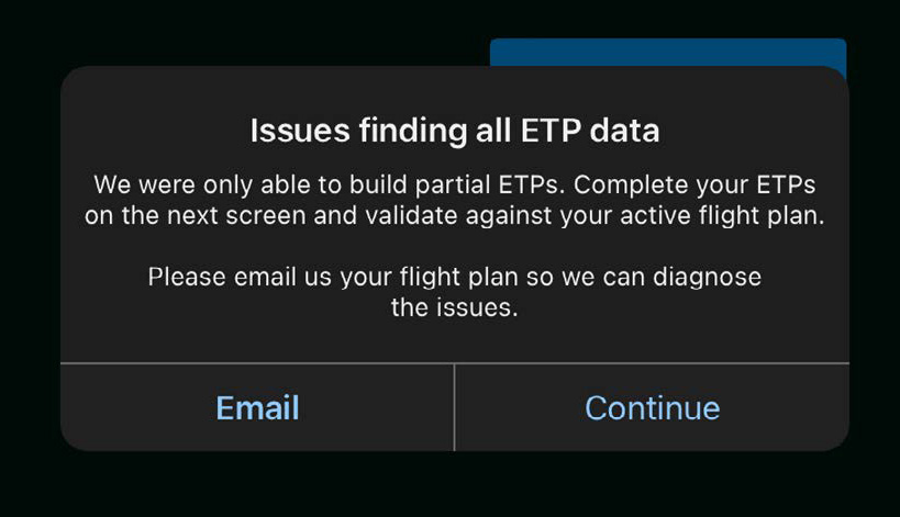 Alert dialog stating only partial ETP data was found, with Email and Continue options