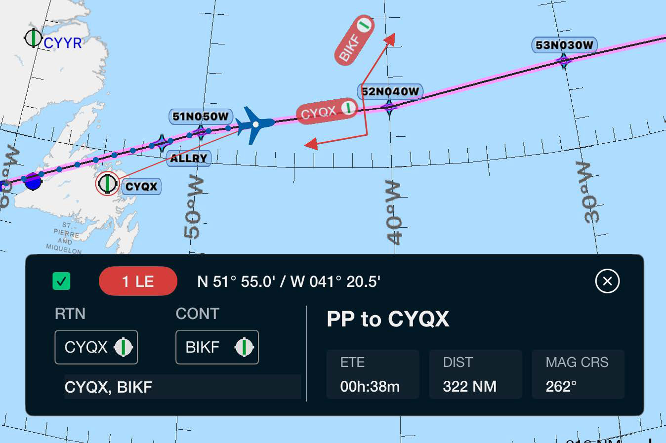 Plotting chart with ETP arrows depicting METAR weather for alternates