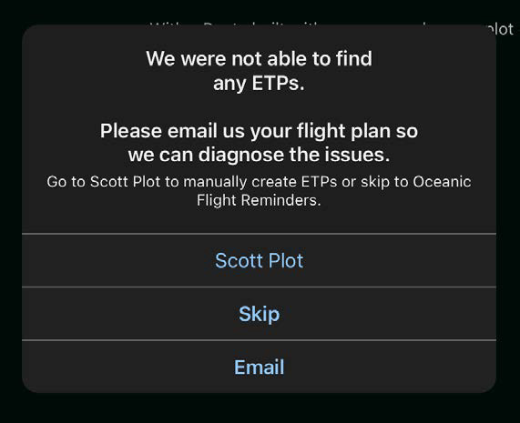 Alert dialog stating no ETPs were found, with Scott Plot, Skip, and Email options