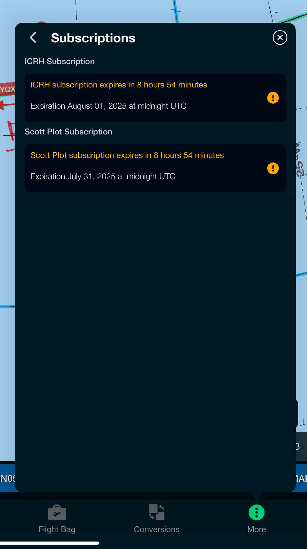 Subscriptions page under More showing exact expiration dates