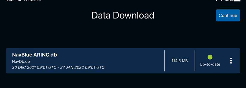 Scott IPC Data Download screen showing the NavBlue ARINC navigation database up to date