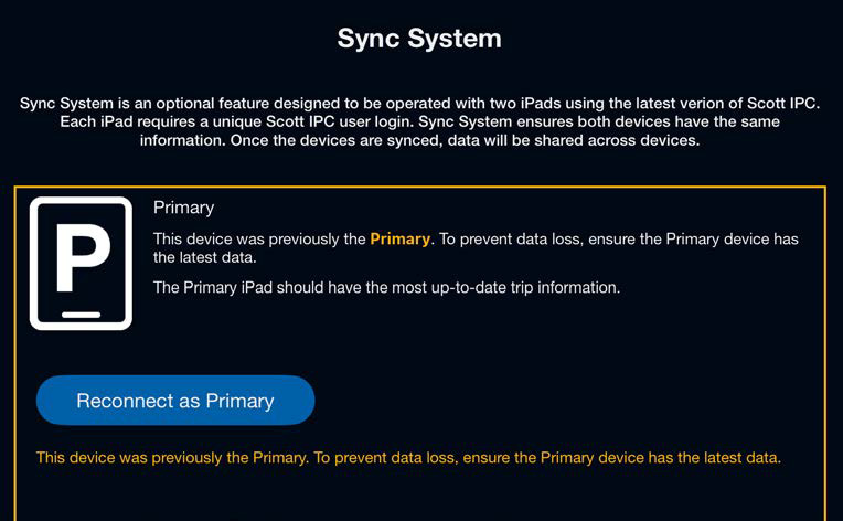 Scott Plot Sync — Reconnect as Primary screen