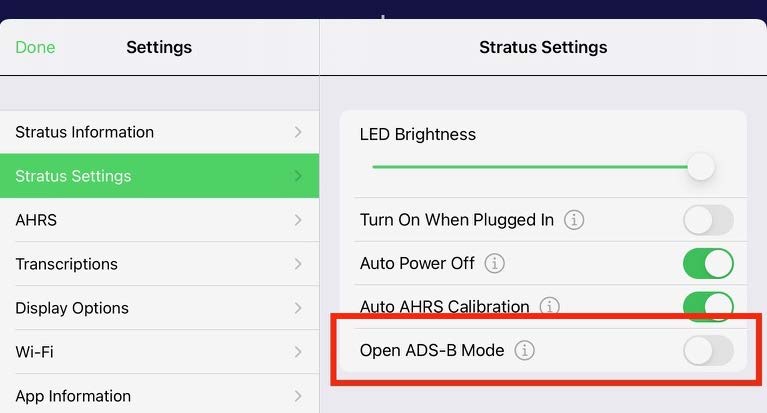 Stratus Horizon Pro settings with Open ADS-B Mode toggle highlighted
