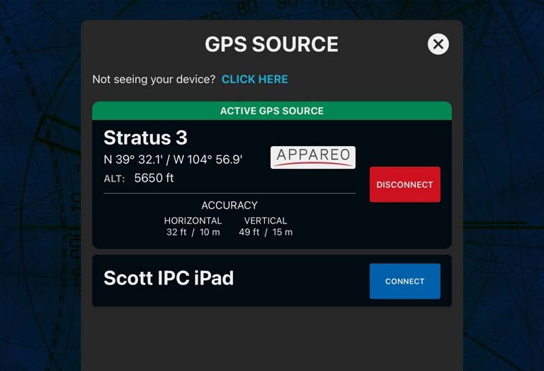 Scott Plot GPS Source dialog showing the Stratus 3 connected