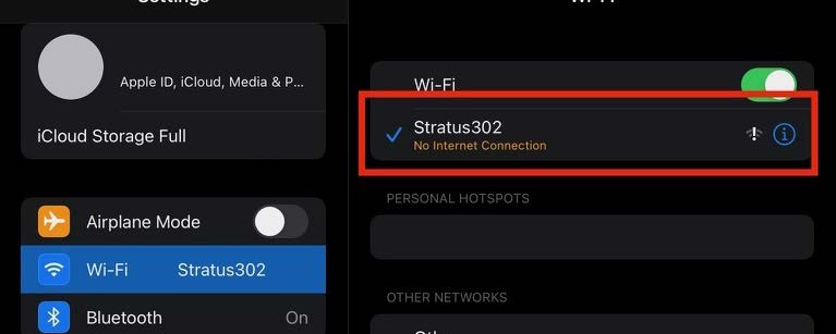 iPad Wi-Fi settings connected to the Stratus302 network