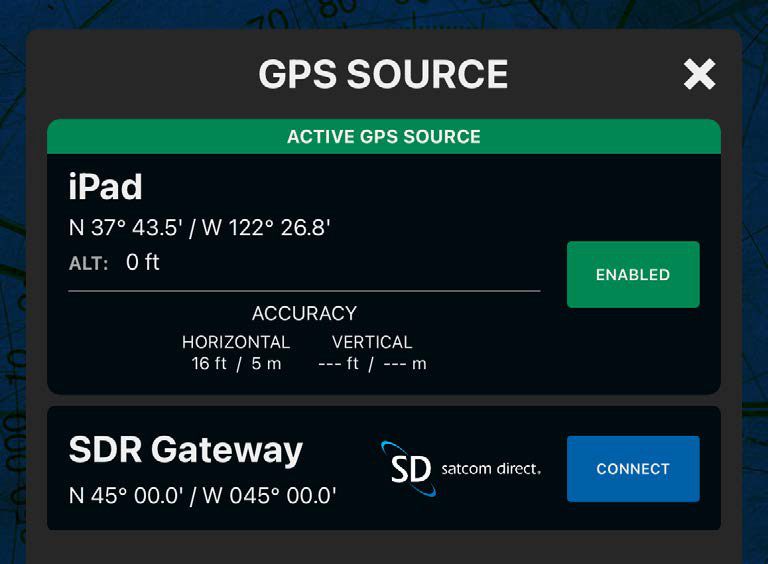 GPS Source dialog listing the SDR Gateway as an available Satcom Direct GPS source