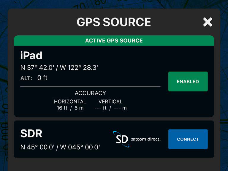 GPS Source dialog listing the SDR as an available Satcom Direct GPS source