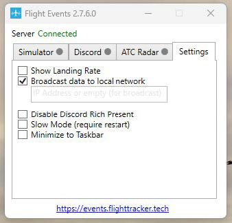 Flight Events app Settings tab on Windows