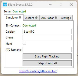 Flight Events app Simulator tab with call sign and Start Flight Tracking