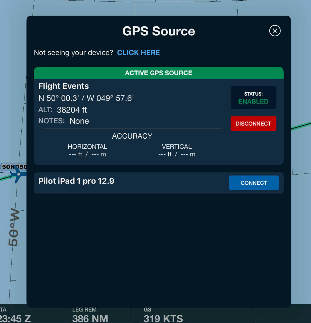 Scott Plot GPS Source dialog showing Flight Events connected