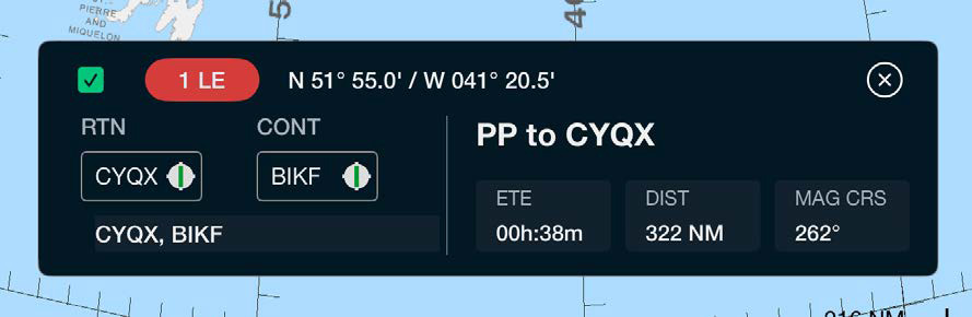 ETP properties popup showing RTN and CONT alternate airports