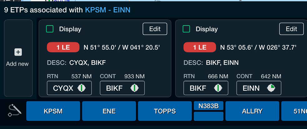 Preflight Wizard Plot ETPs step listing ETPs with RTN and CONT airports