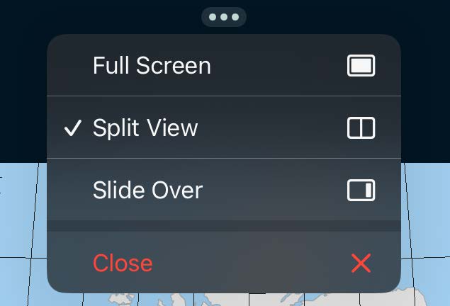 iPad multitasking menu with Split View and Slide Over options