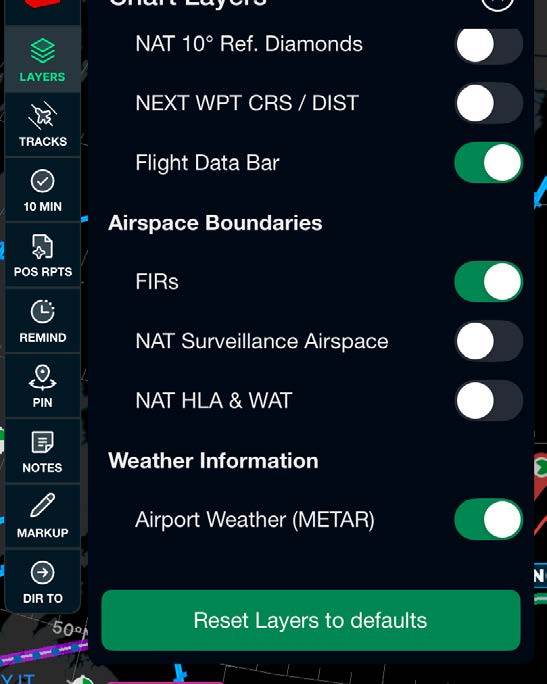 Scott Plot Chart Layers panel — airspace boundary and weather toggles