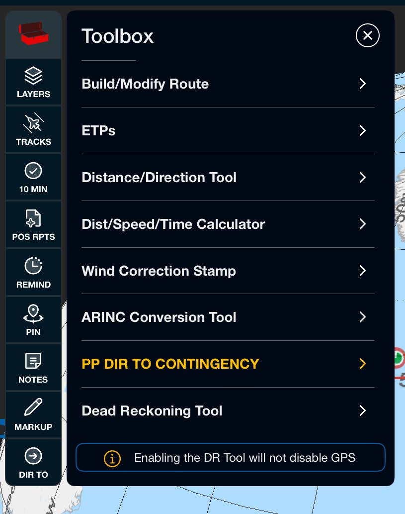 Scott Plot Red Toolbox menu listing in-flight tools