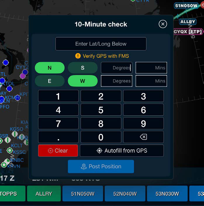 Scott Plot 10-minute check entry popup with lat/long keypad and Autofill from GPS