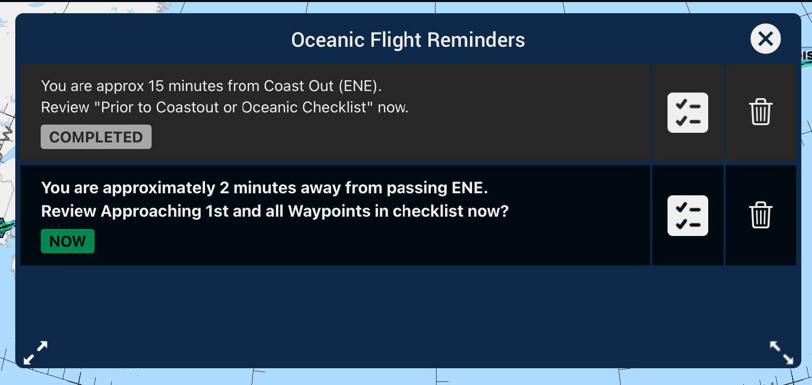 Oceanic Flight Reminders in-flight window listing reminders with checklist and waypoint shortcuts