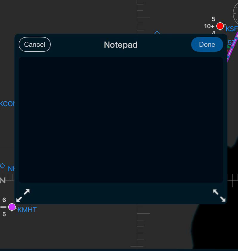 Notepad dialog for adding chart notes in flight