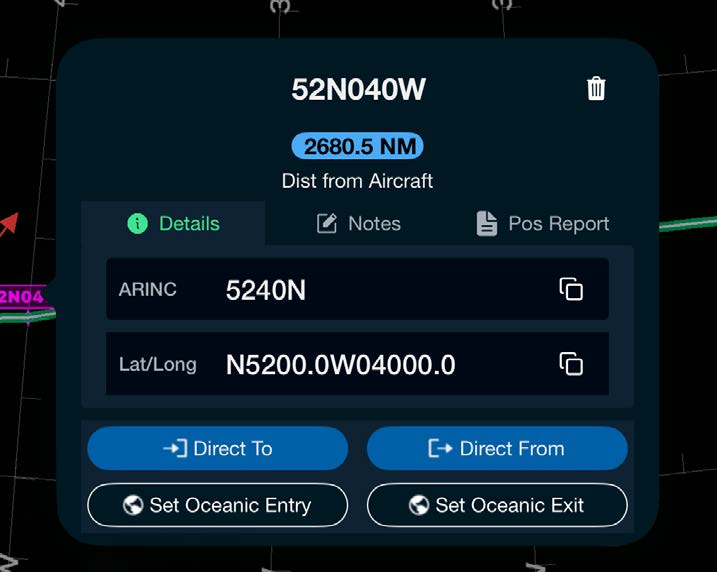 Waypoint detail popup with Direct To and Direct From options